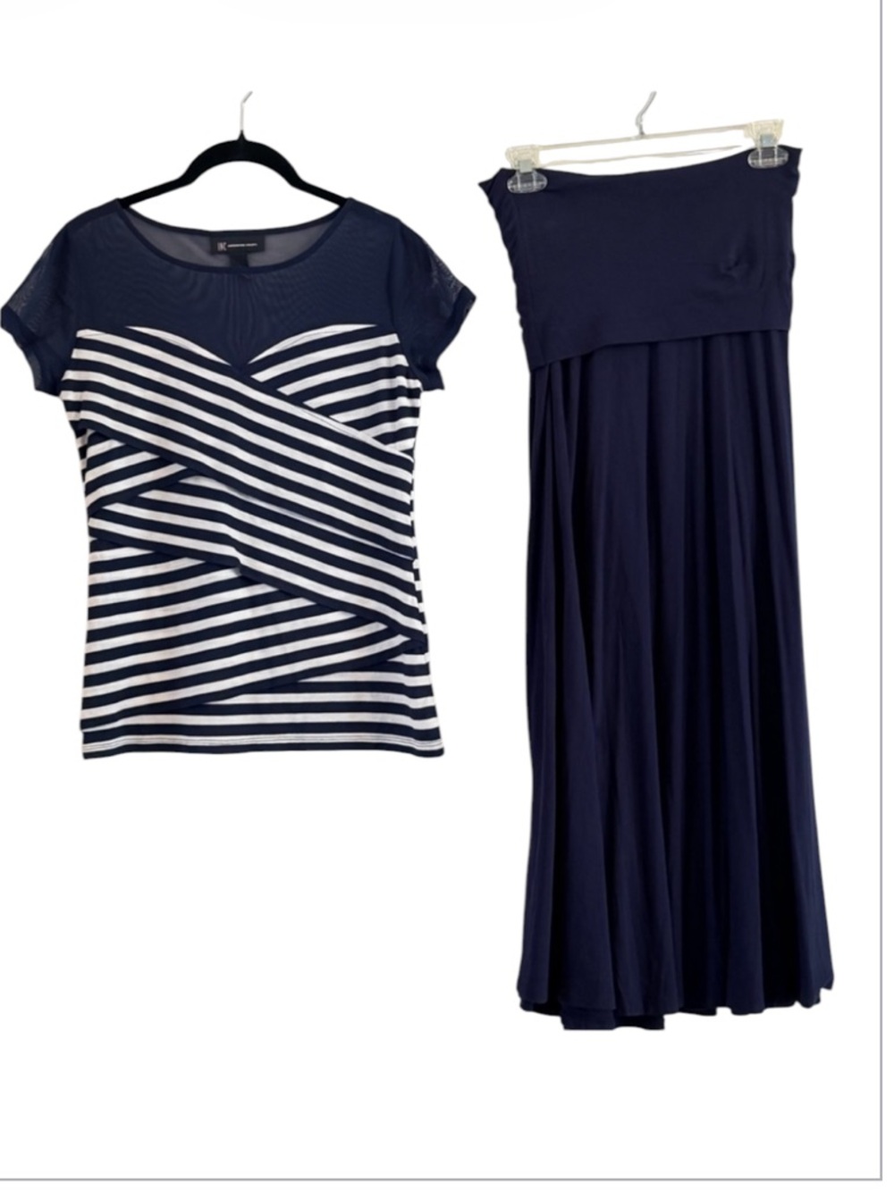 INC Navy Striped Mesh Illusion Top & Pleated Maxi Skirt Matching Set Small S